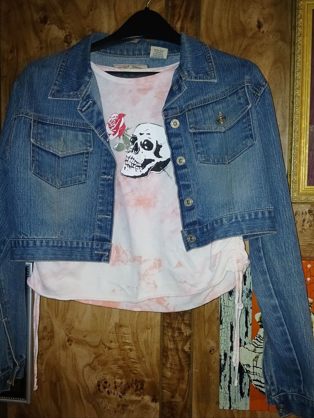 Defuze denim ladies jacket With Pink Skull Print Top